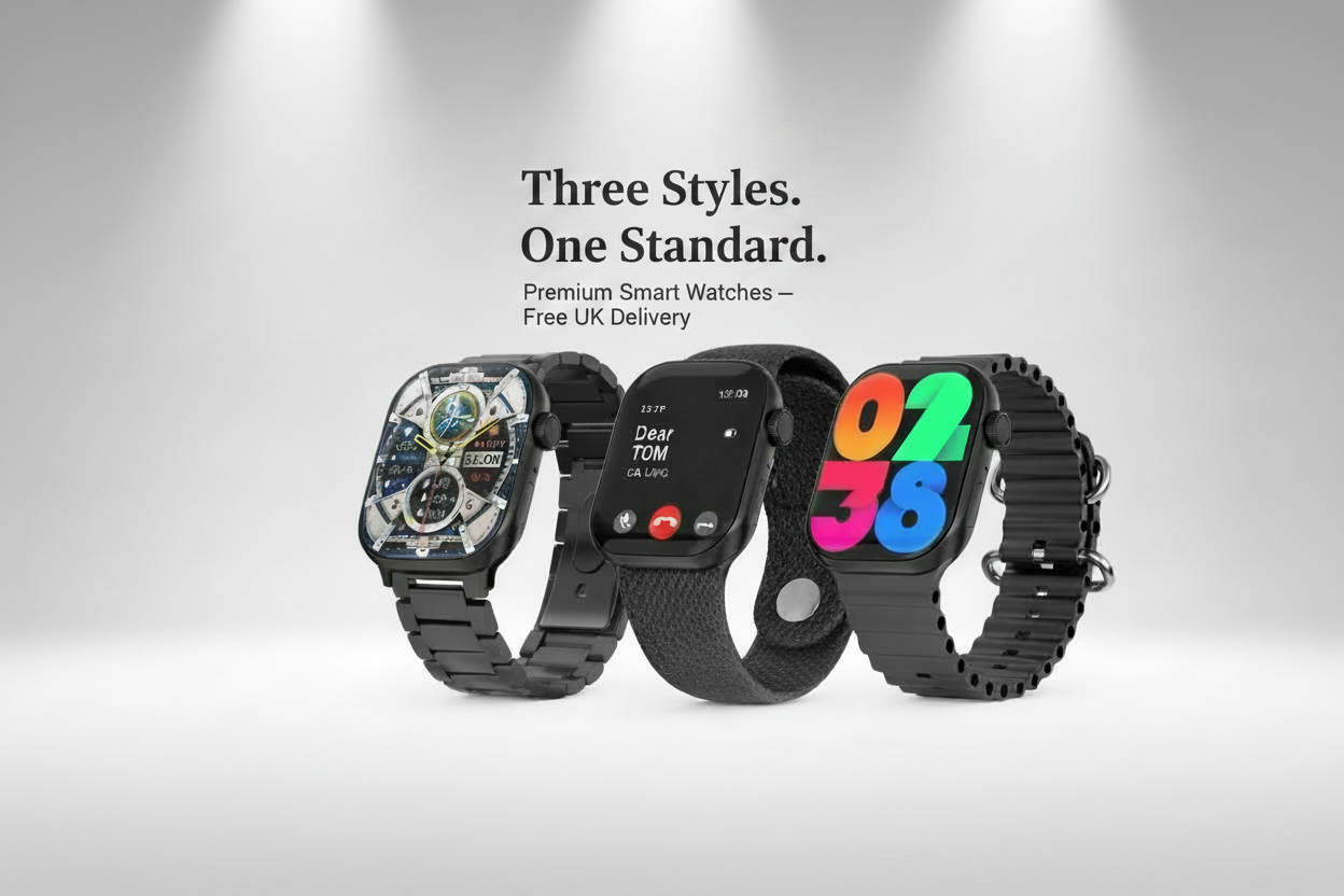 Desktop — Centered Text Over Watches