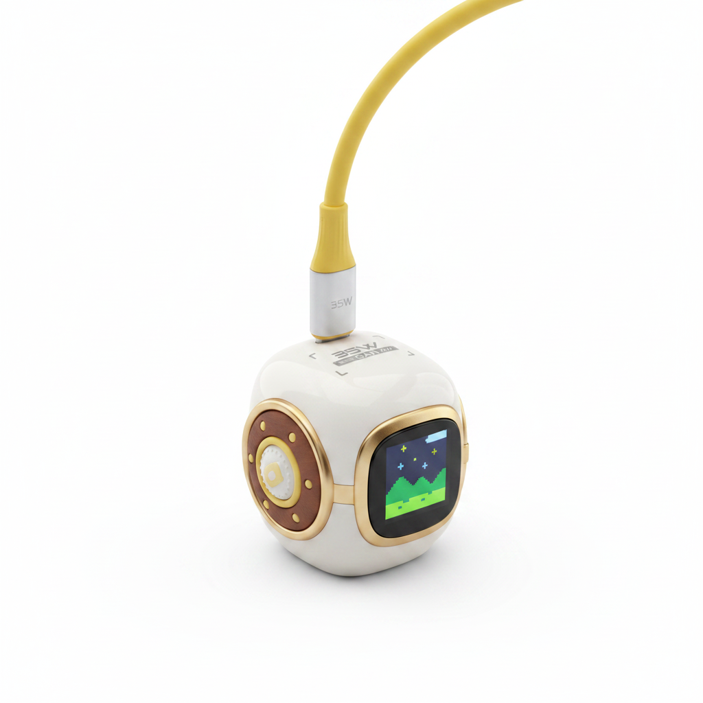 USB-C GaN Charger with Pixel Screen - 45 degree hero angle on white background