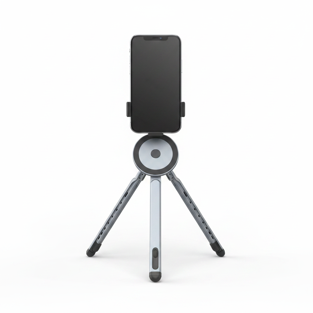 Magnetic Phone Tripod Stand with smartphone mounted on white background