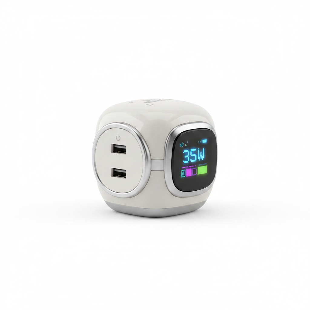 USB-C GaN Charger with Pixel Screen - ports view on white background